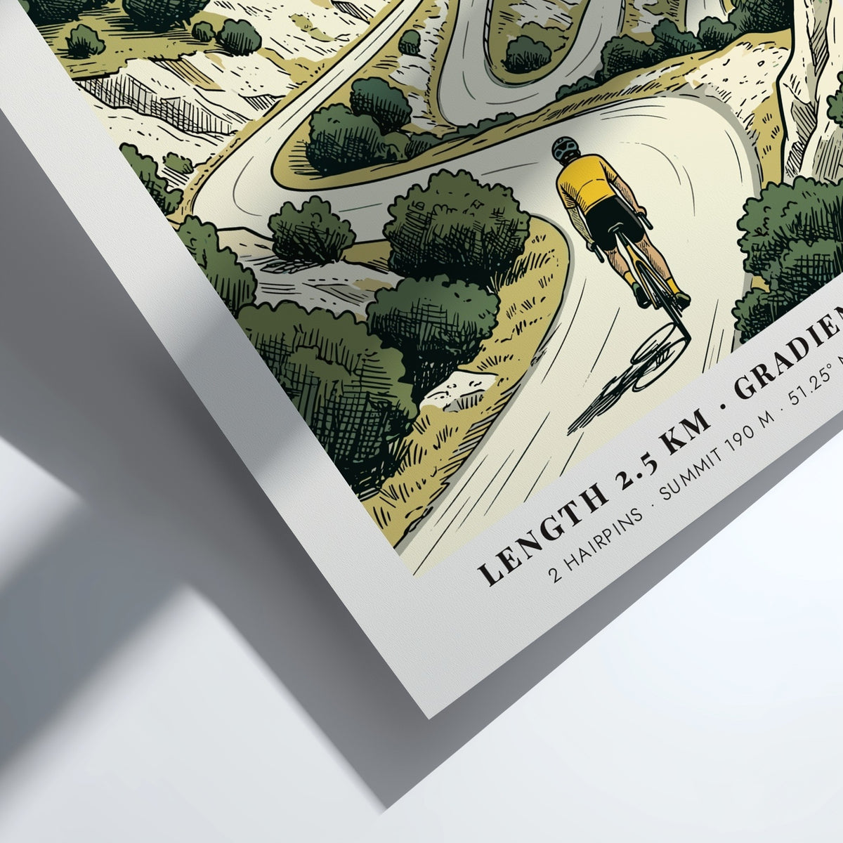 Poster of a cyclist climbing the winding roads of Box Hill in Surrey Hills.