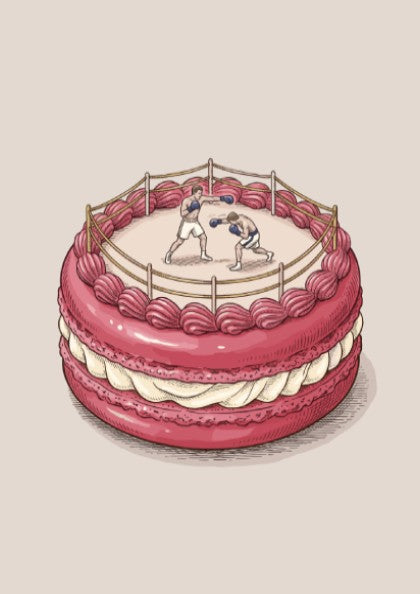 Poster featuring two boxers sparring inside a ring on top of a macaron