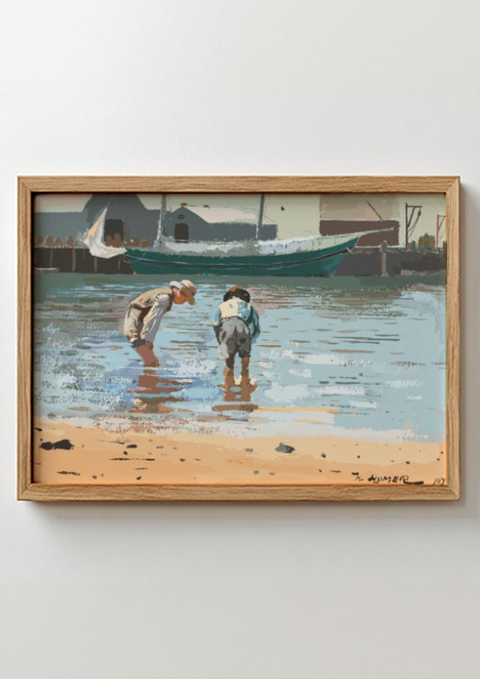 Winslow Homer's 'Boys Wading' drawing, featuring two children in shallow water, rendered in a classic art