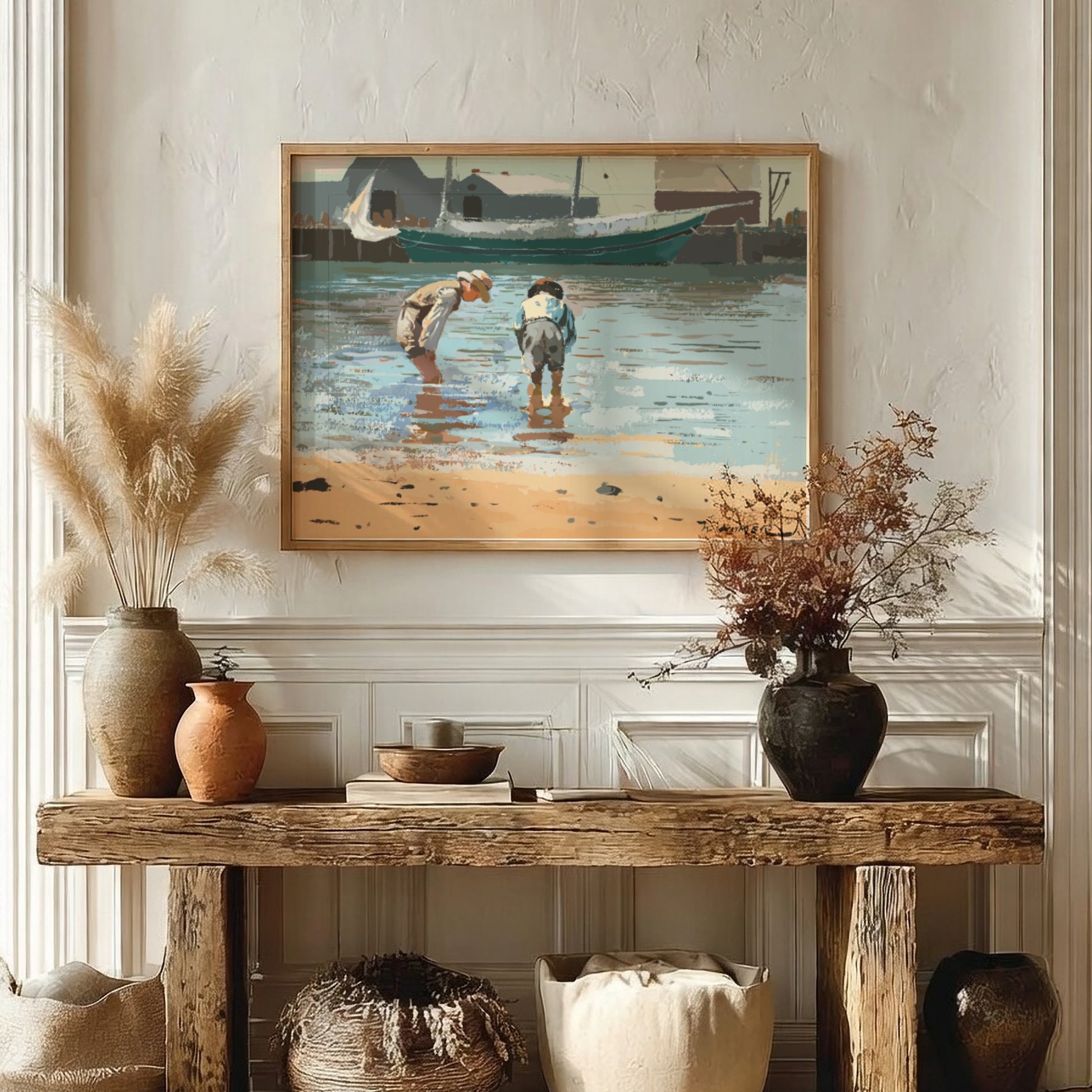 Winslow Homer's 'Boys Wading' drawing, featuring two children in shallow water, rendered in a classic art