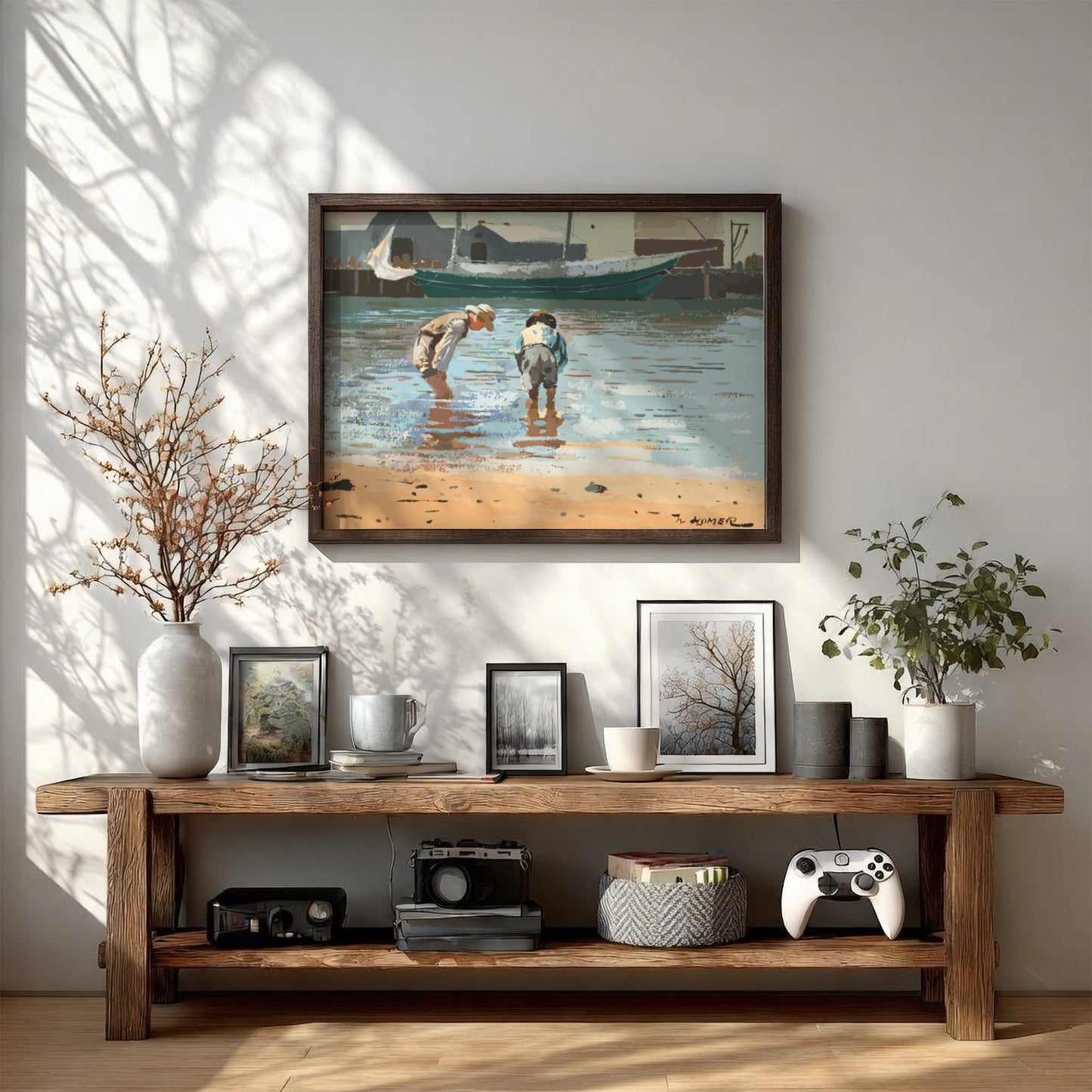 Winslow Homer's 'Boys Wading' drawing, featuring two children in shallow water, rendered in a classic art