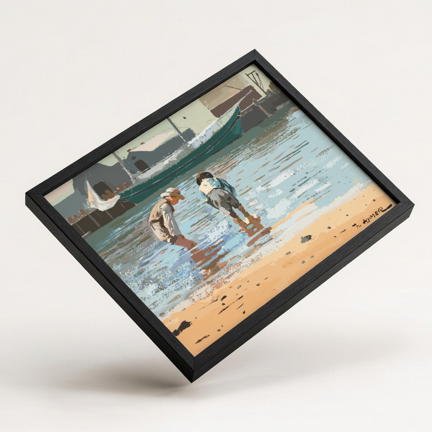 Winslow Homer's 'Boys Wading' drawing, featuring two children in shallow water, rendered in a classic art