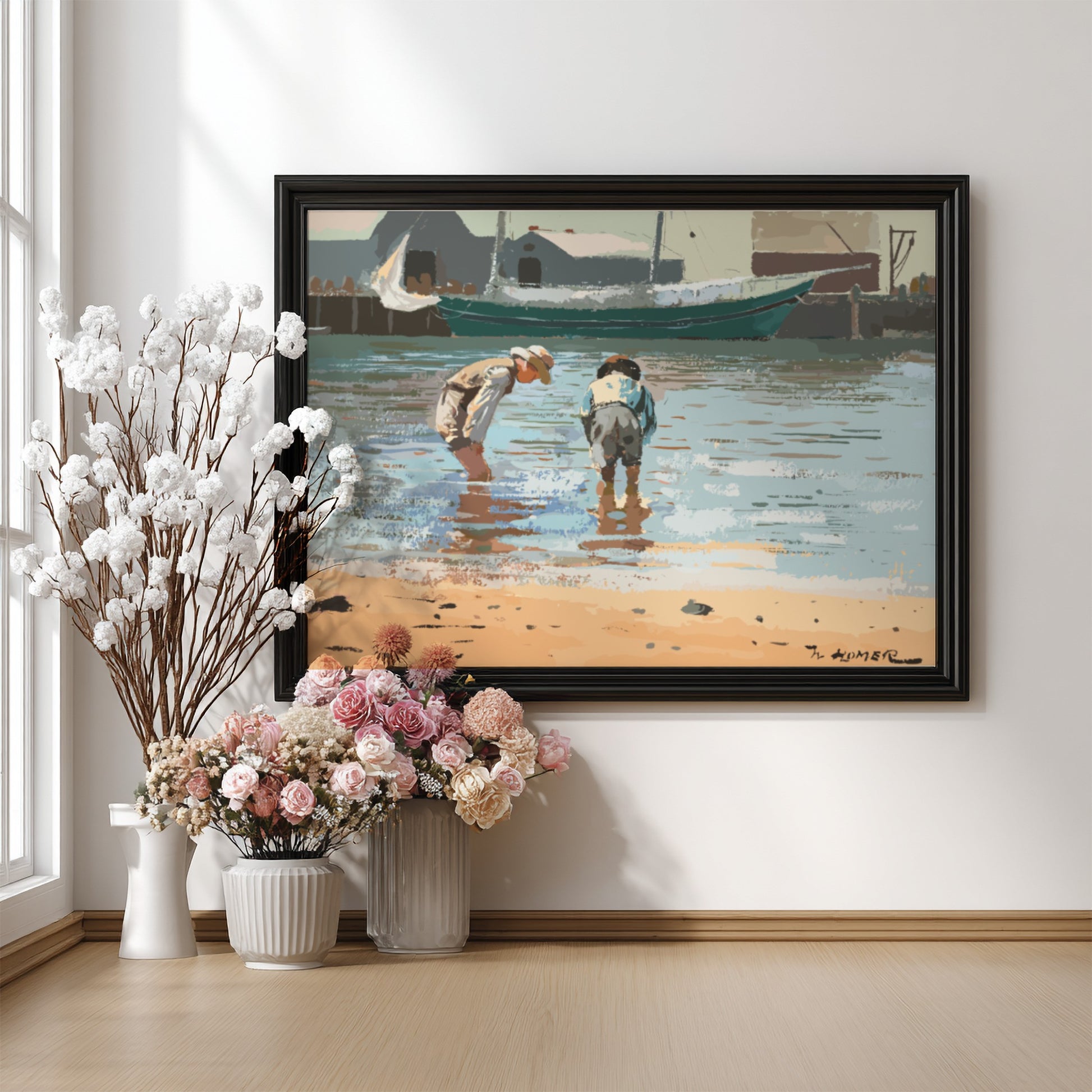 Winslow Homer's 'Boys Wading' drawing, featuring two children in shallow water, rendered in a classic art