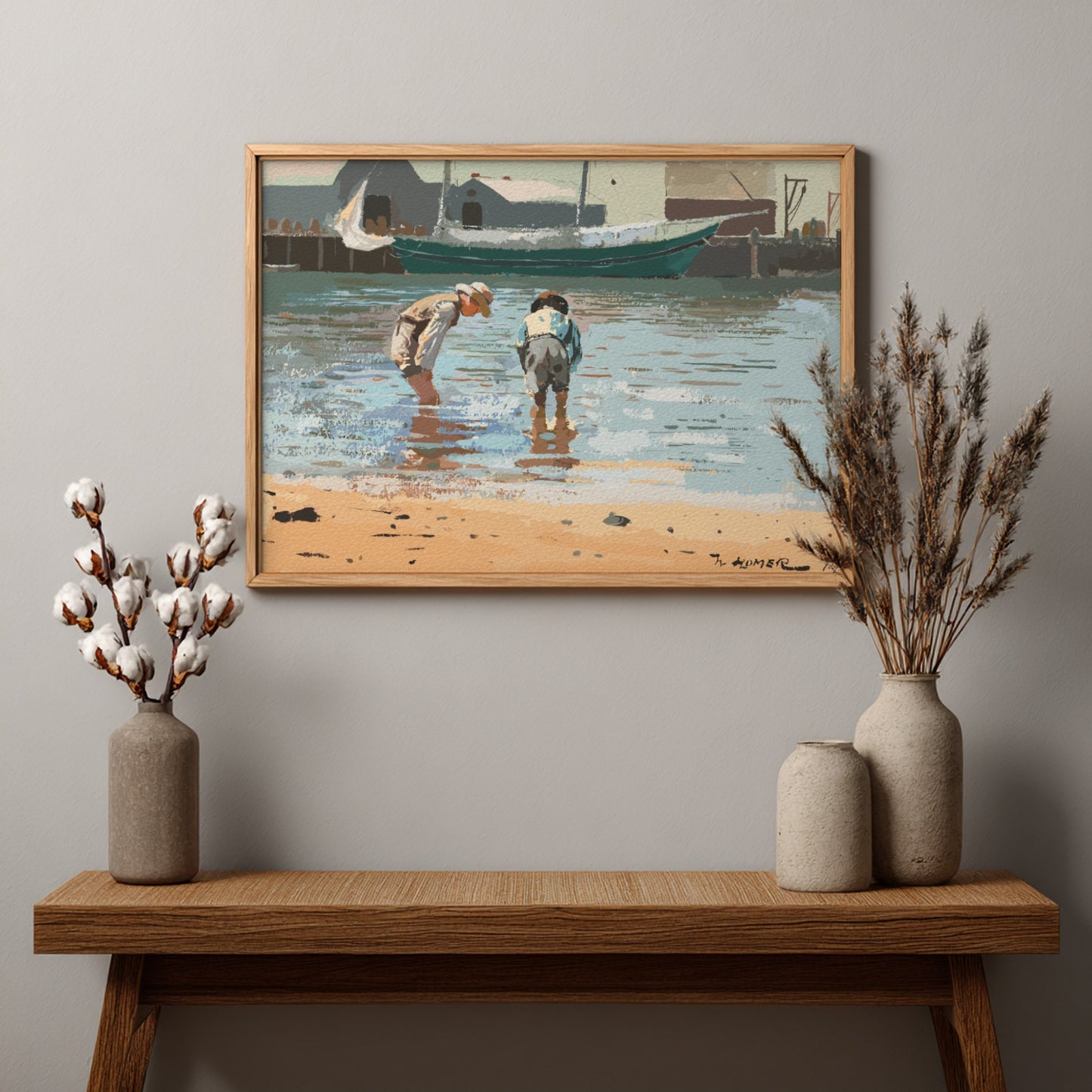 Winslow Homer's 'Boys Wading' drawing, featuring two children in shallow water, rendered in a classic art