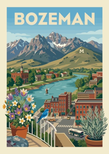 Bozeman mountain town travel poster featuring a river, mountains, and buildings in a retro art style.