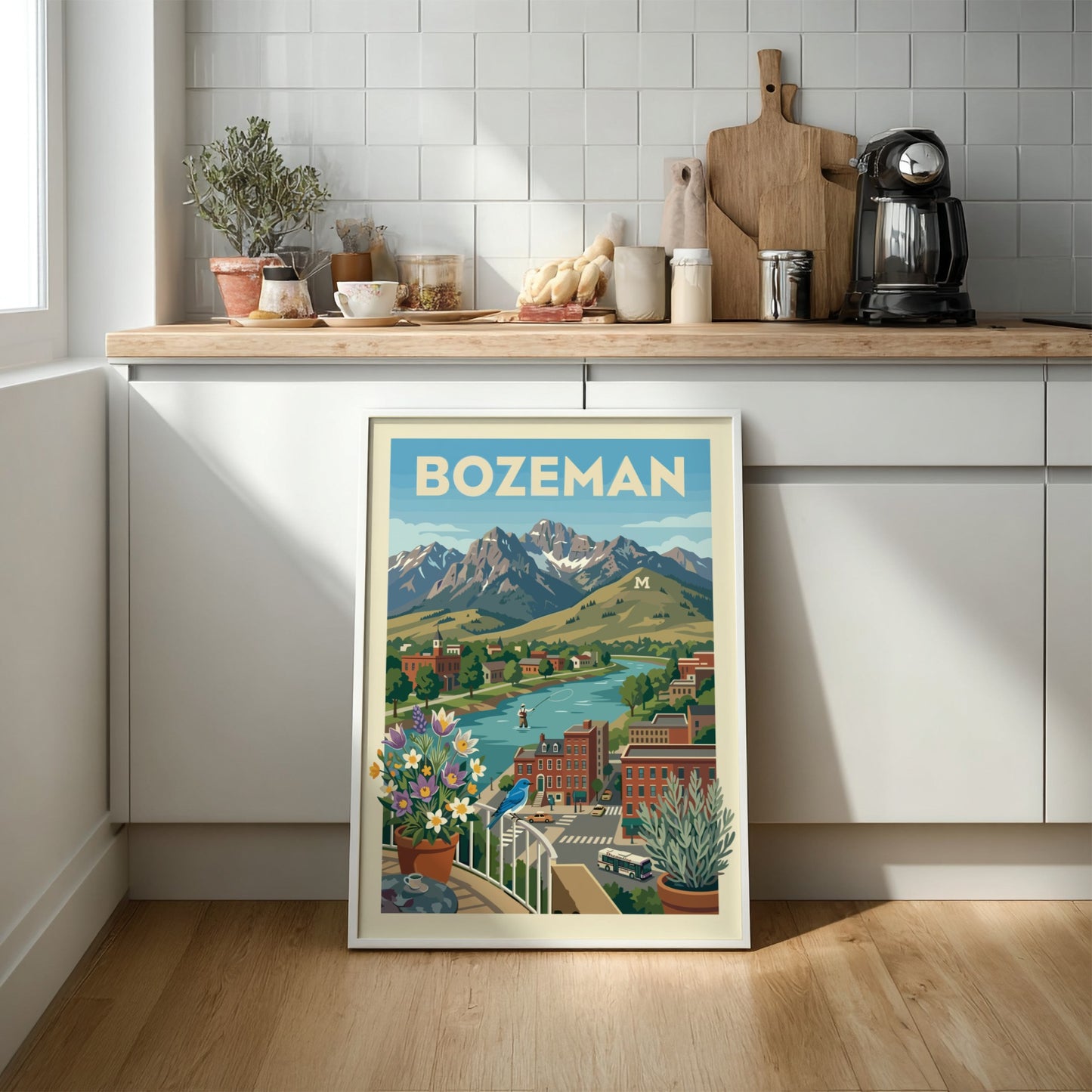 Bozeman mountain town travel poster featuring a river, mountains, and buildings in a retro art style.