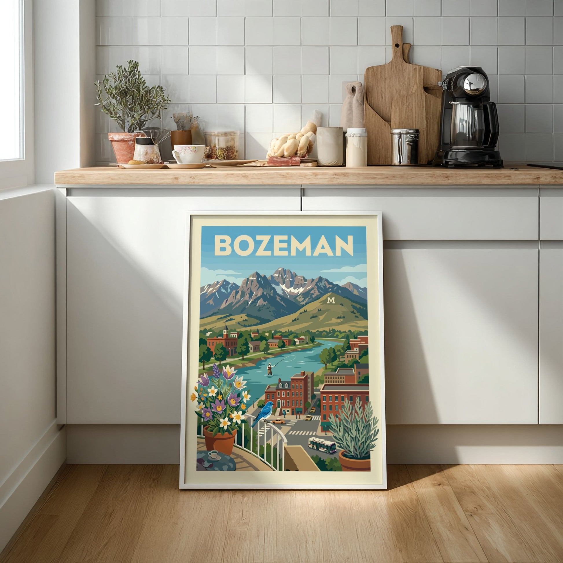 Bozeman mountain town travel poster featuring a river, mountains, and buildings in a retro art style.