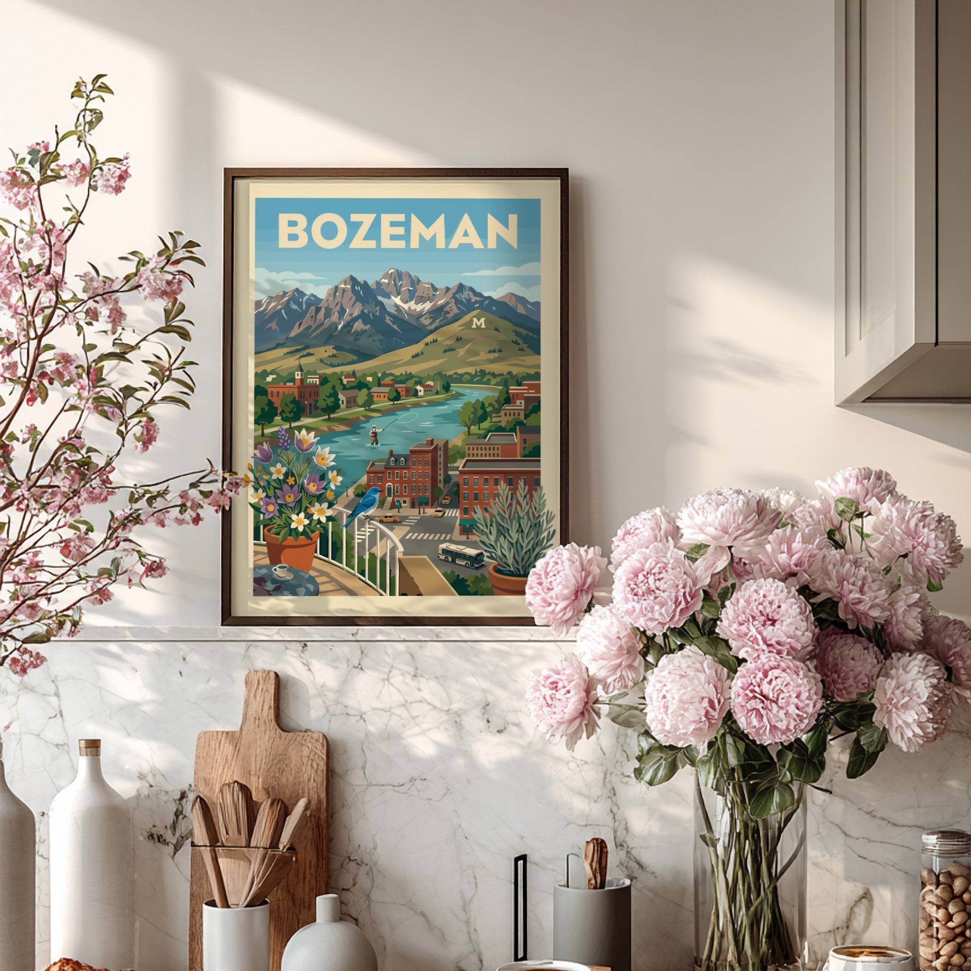 Bozeman mountain town travel poster featuring a river, mountains, and buildings in a retro art style.