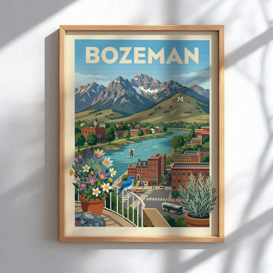 Bozeman mountain town travel poster featuring a river, mountains, and buildings in a retro art style.