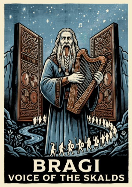 Poster of Bragi the Norse god of poetry holding a harp with warriors nearby