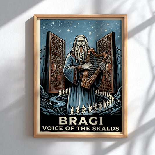 Poster of Bragi the Norse god of poetry holding a harp with warriors nearby