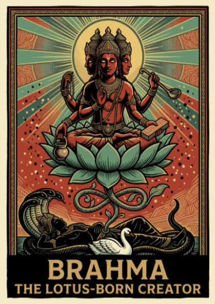 Poster of Brahma the Lotus-Born Creator featuring a four-faced deity on a lotus.