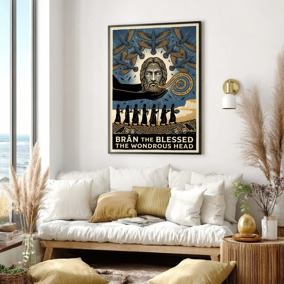 Poster of Brân the Blessed featuring a central head, ravens, and Celtic motifs.