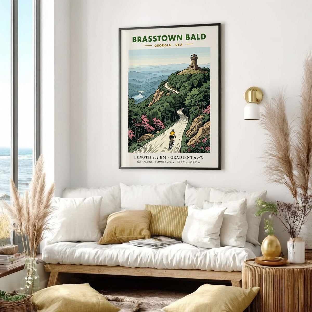 Poster of a cyclist climbing toward the Brasstown Bald stone tower in Georgia mountains.