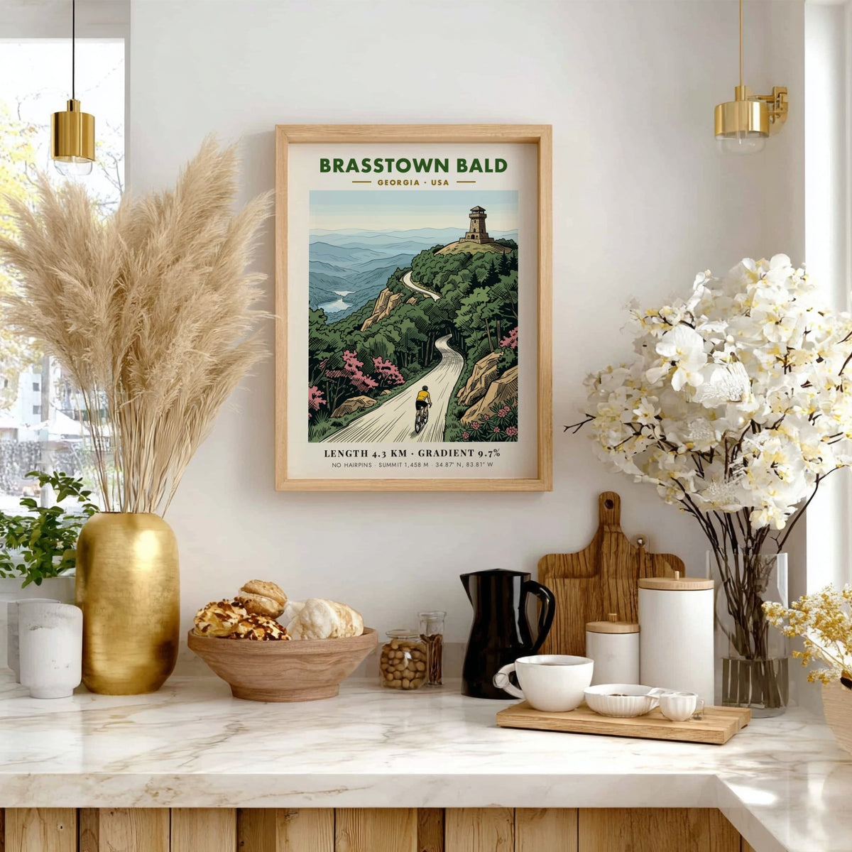 Poster of a cyclist climbing toward the Brasstown Bald stone tower in Georgia mountains.