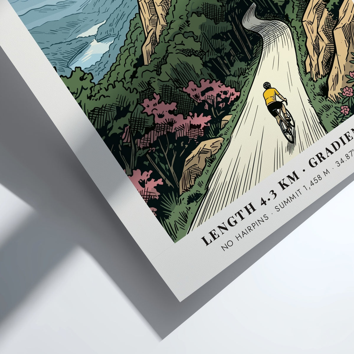 Poster of a cyclist climbing toward the Brasstown Bald stone tower in Georgia mountains.