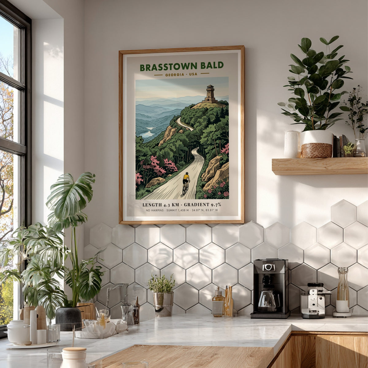 Poster of a cyclist climbing toward the Brasstown Bald stone tower in Georgia mountains.
