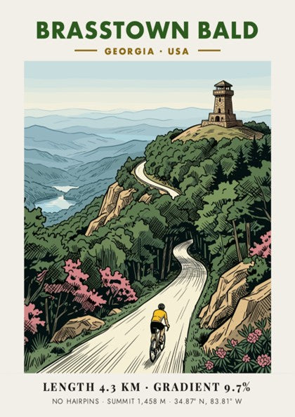 Poster of a cyclist climbing toward the Brasstown Bald stone tower in Georgia mountains.