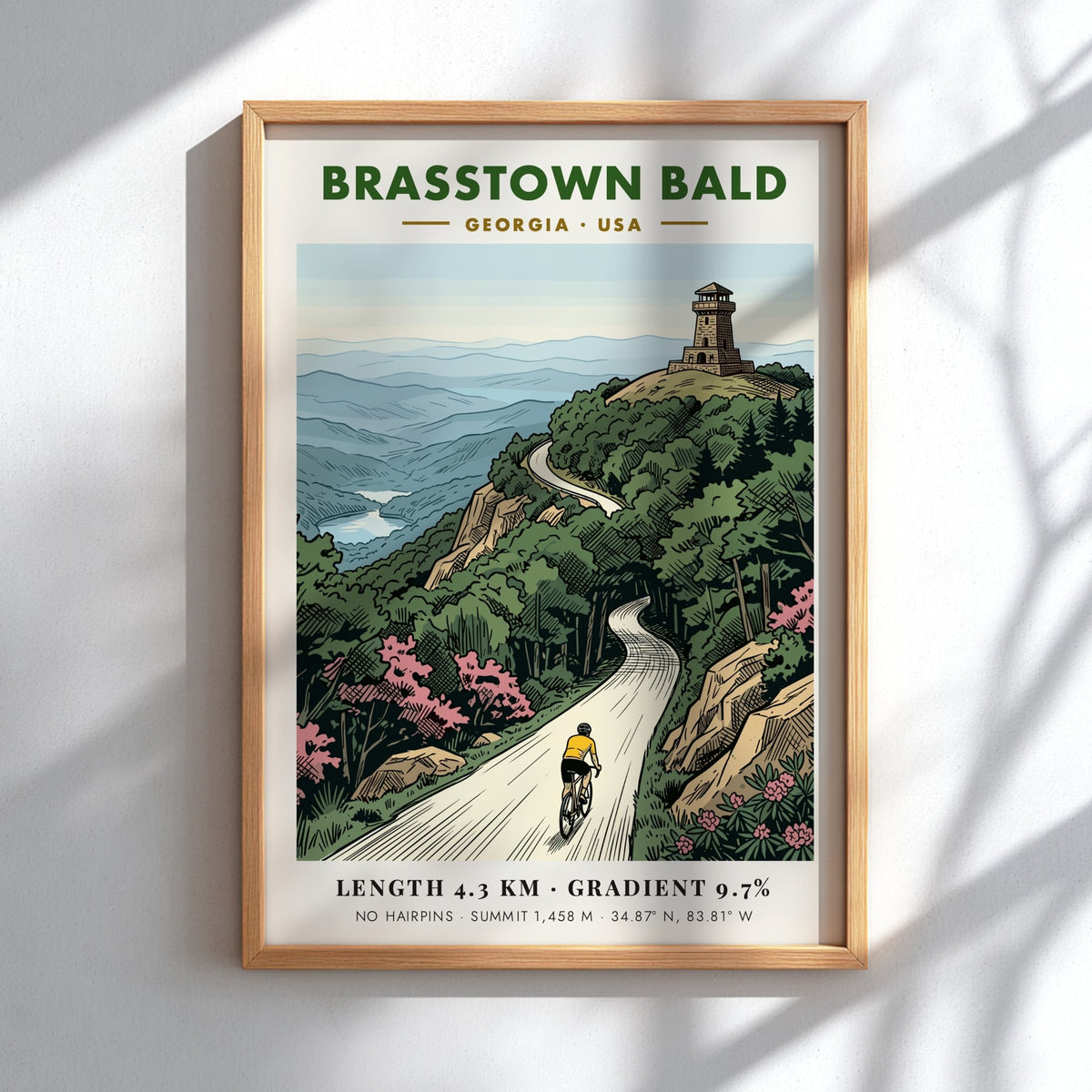 Poster of a cyclist climbing toward the Brasstown Bald stone tower in Georgia mountains.