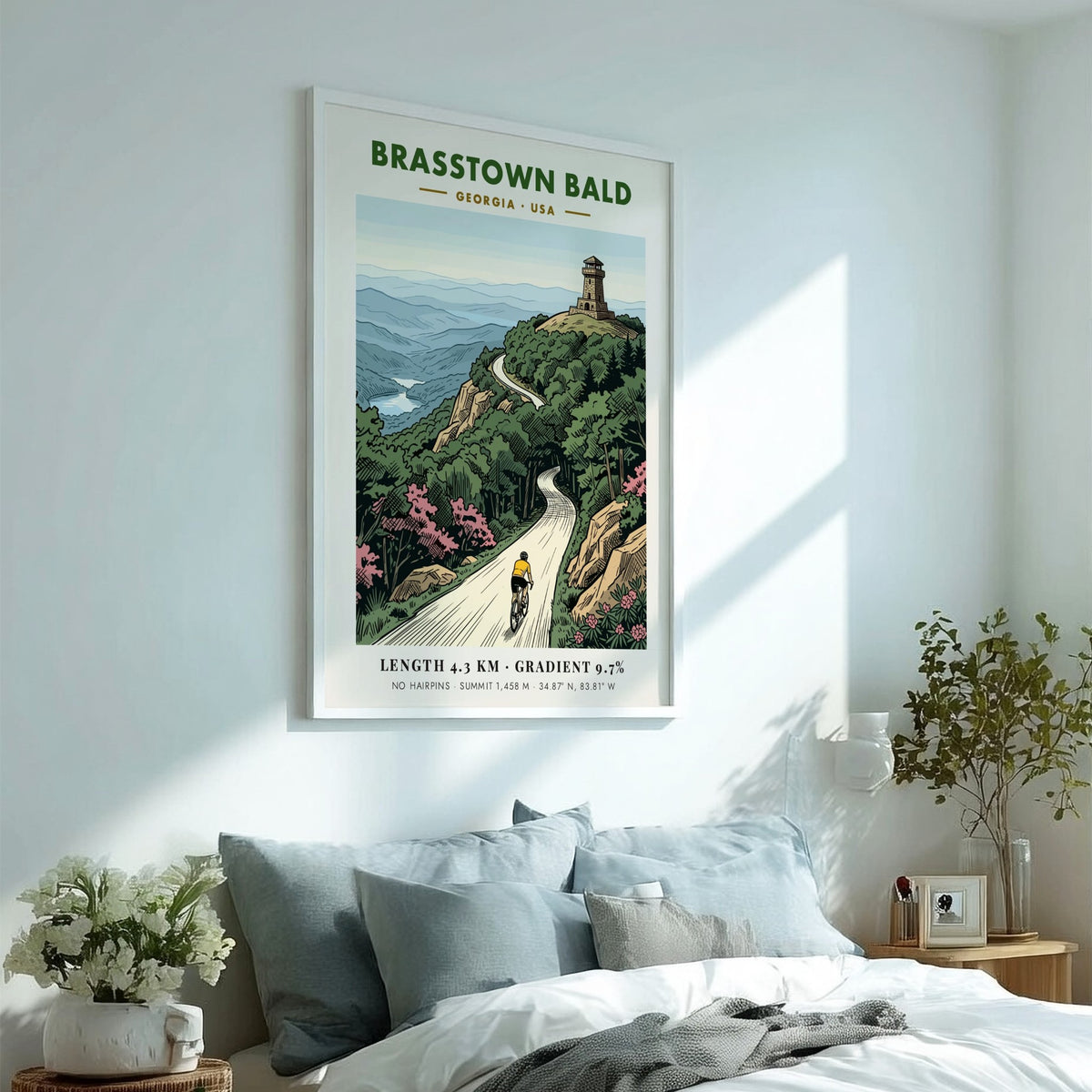 Poster of a cyclist climbing toward the Brasstown Bald stone tower in Georgia mountains.