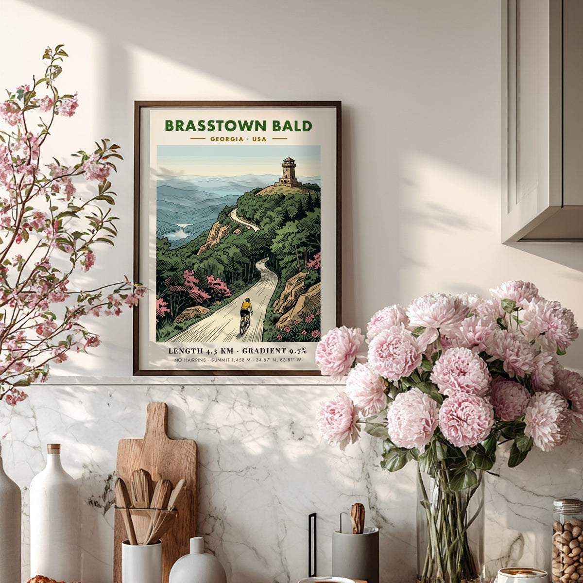 Poster of a cyclist climbing toward the Brasstown Bald stone tower in Georgia mountains.
