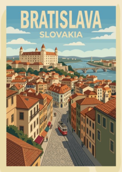 Poster of Bratislava Slovakia featuring the castle, river, and a vintage red tram.