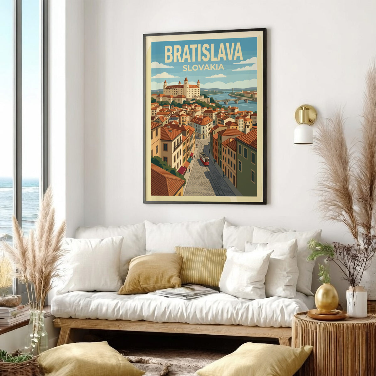 Poster of Bratislava Slovakia featuring the castle, river, and a vintage red tram.
