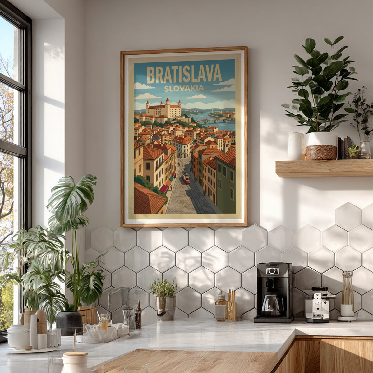Poster of Bratislava Slovakia featuring the castle, river, and a vintage red tram.