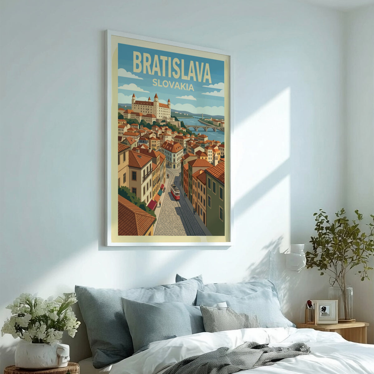 Poster of Bratislava Slovakia featuring the castle, river, and a vintage red tram.