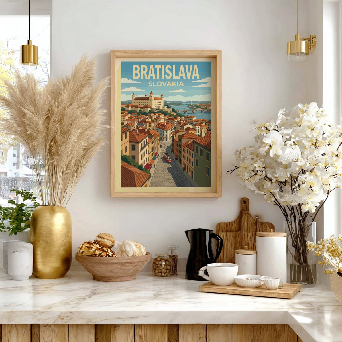 Poster of Bratislava Slovakia featuring the castle, river, and a vintage red tram.