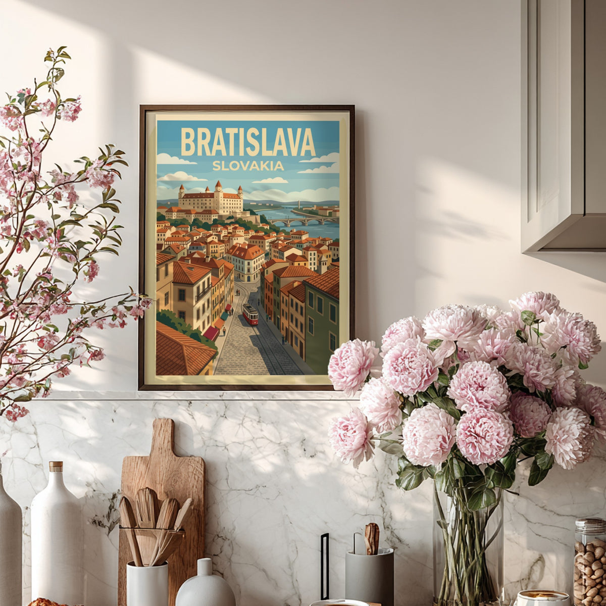 Poster of Bratislava Slovakia featuring the castle, river, and a vintage red tram.