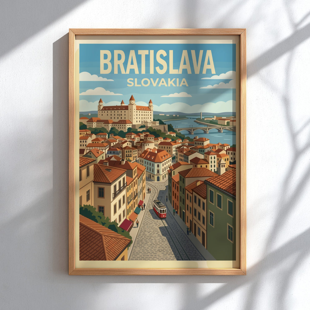 Poster of Bratislava Slovakia featuring the castle, river, and a vintage red tram.