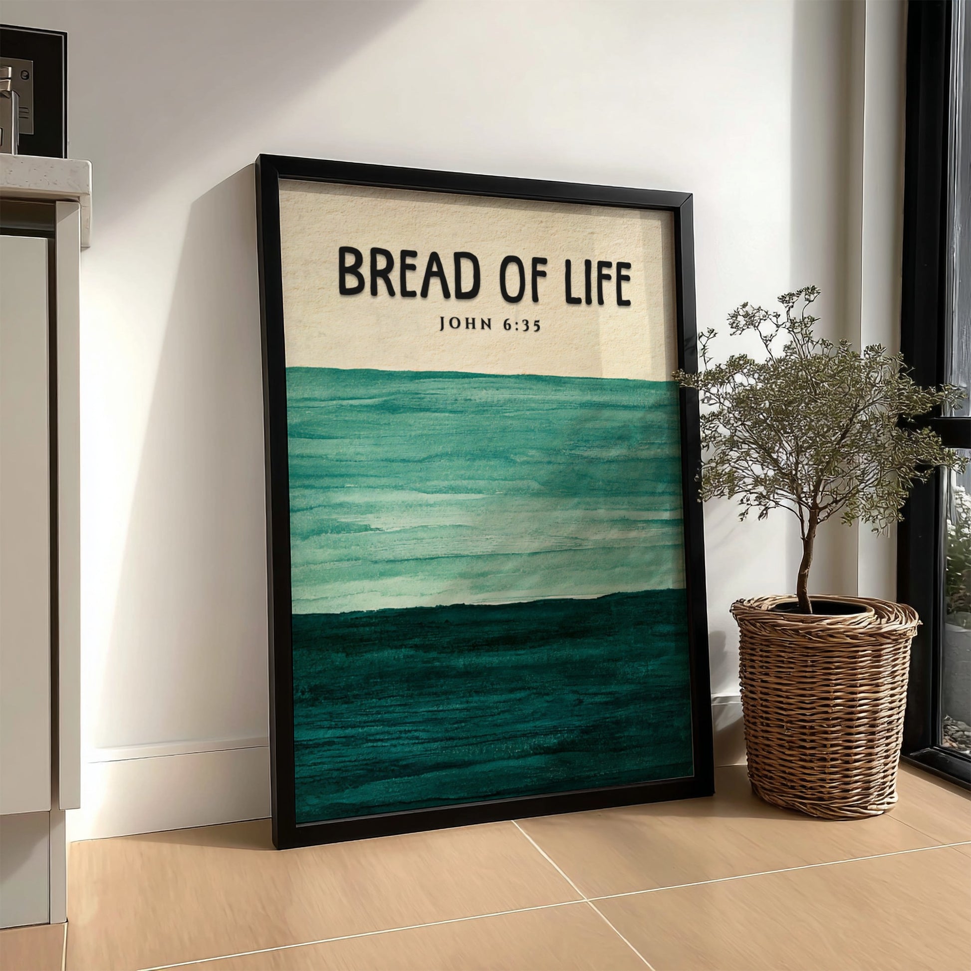 Inspirational poster featuring the verse John 6:35 with soft green and blue colors, perfect for religious