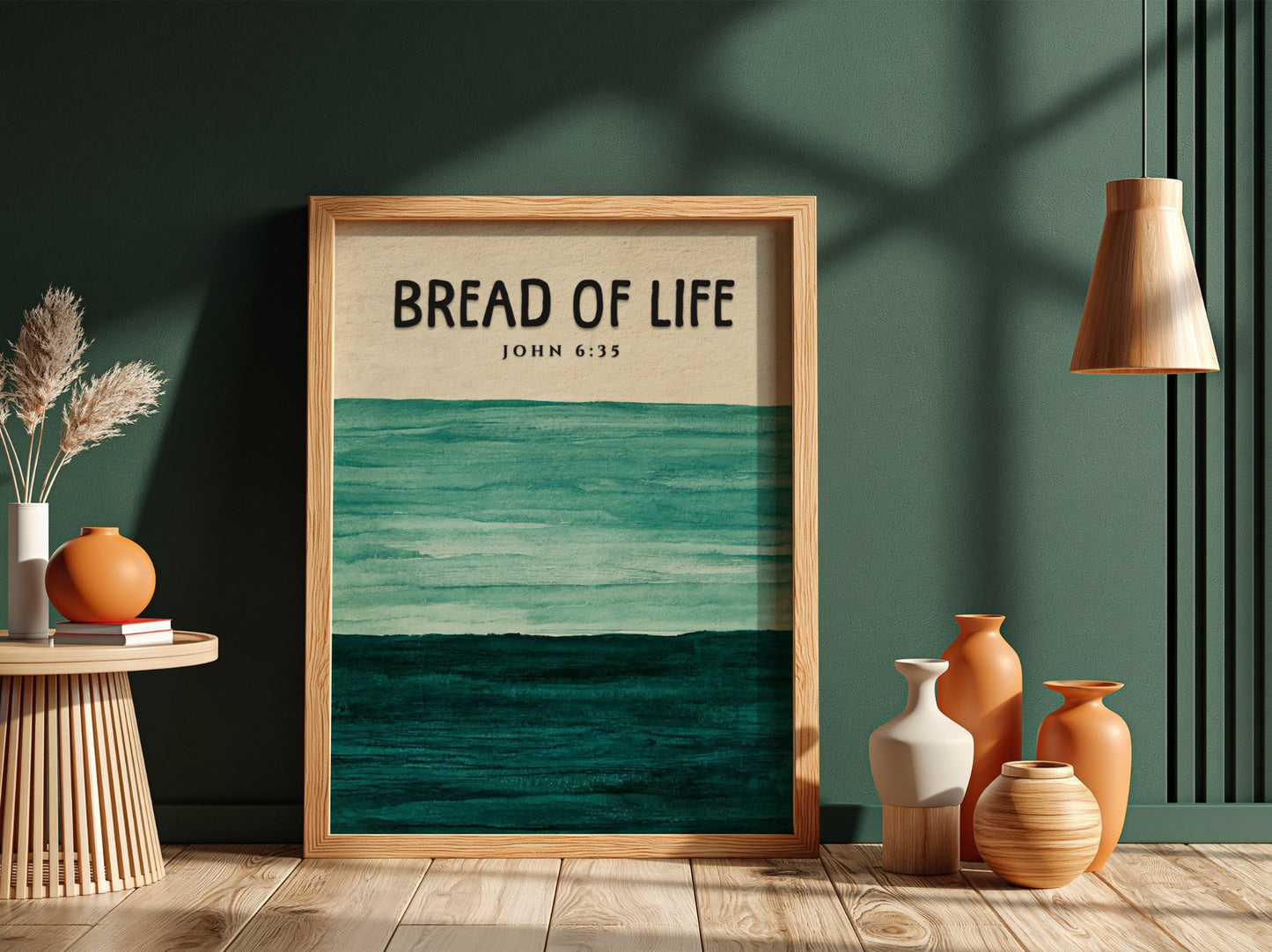 Inspirational poster featuring the verse John 6:35 with soft green and blue colors, perfect for religious