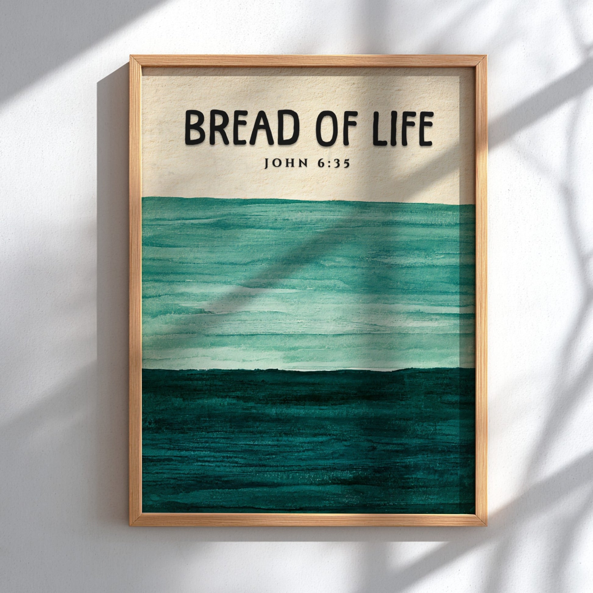 Inspirational poster featuring the verse John 6:35 with soft green and blue colors, perfect for religious