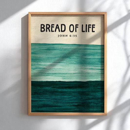 Inspirational poster featuring the verse John 6:35 with soft green and blue colors, perfect for religious