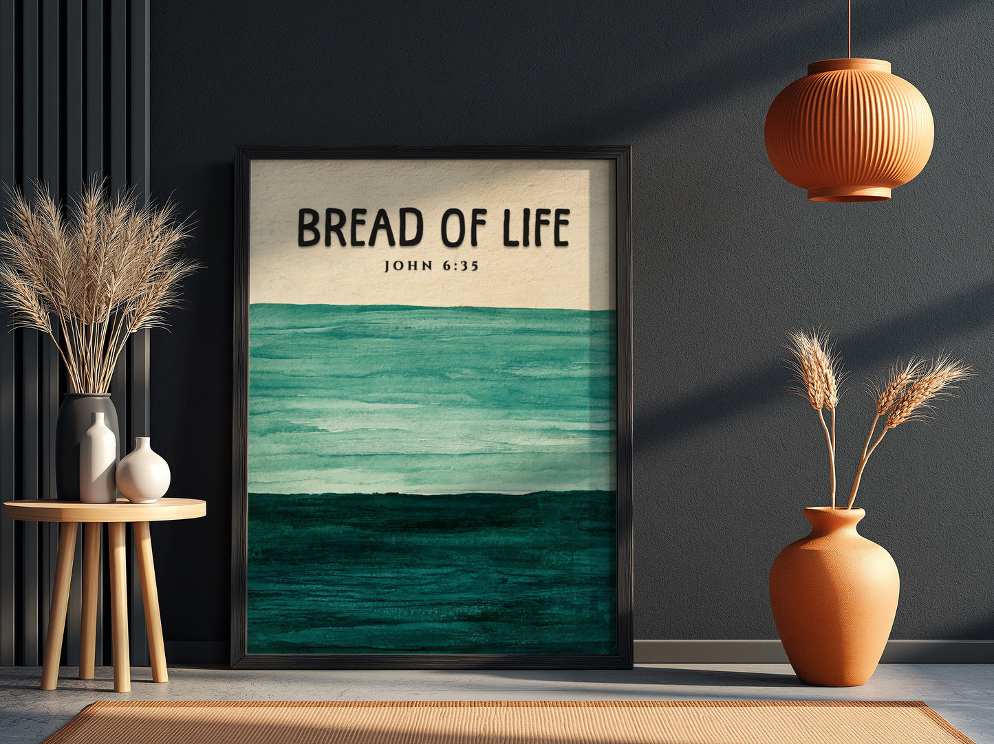 Inspirational poster featuring the verse John 6:35 with soft green and blue colors, perfect for religious