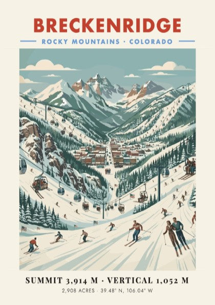 Breckenridge ski resort poster featuring vintage style artwork of skiers and mountains in vibrant colors