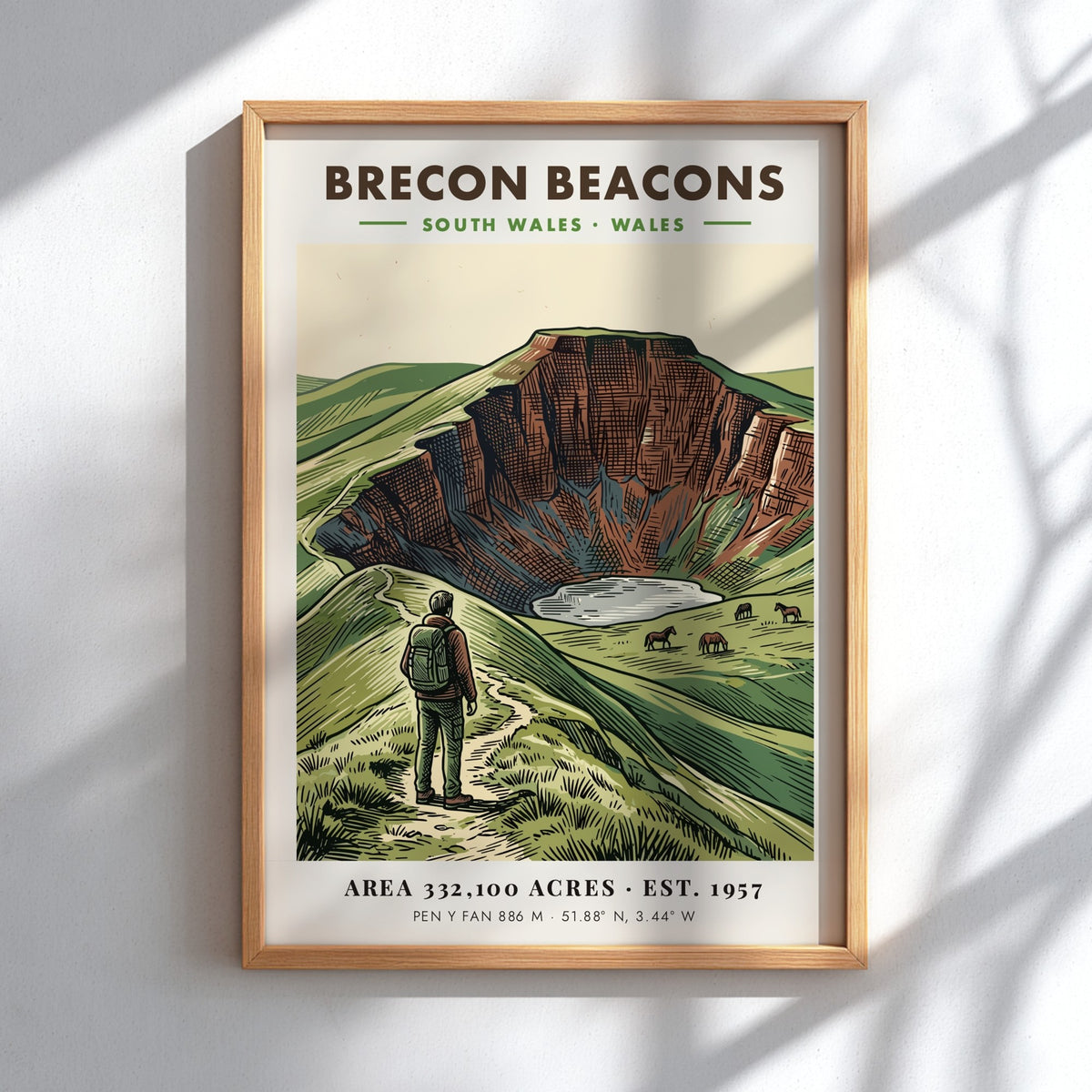 Poster of Brecon Beacons in Wales showing a hiker and ponies near mountains