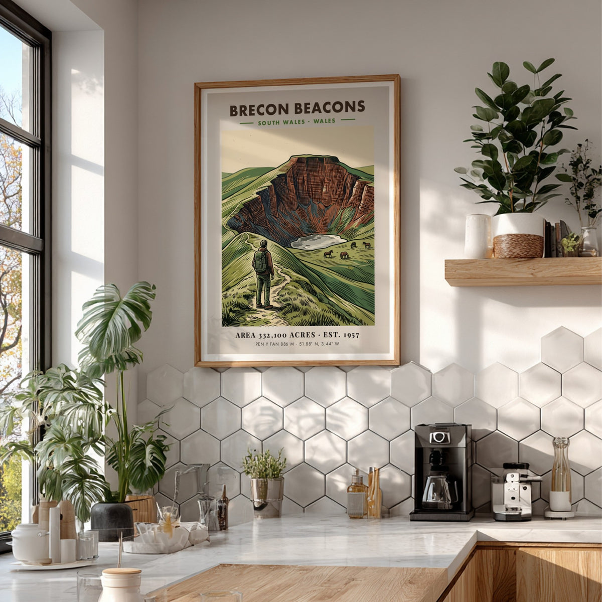 Poster of Brecon Beacons in Wales showing a hiker and ponies near mountains