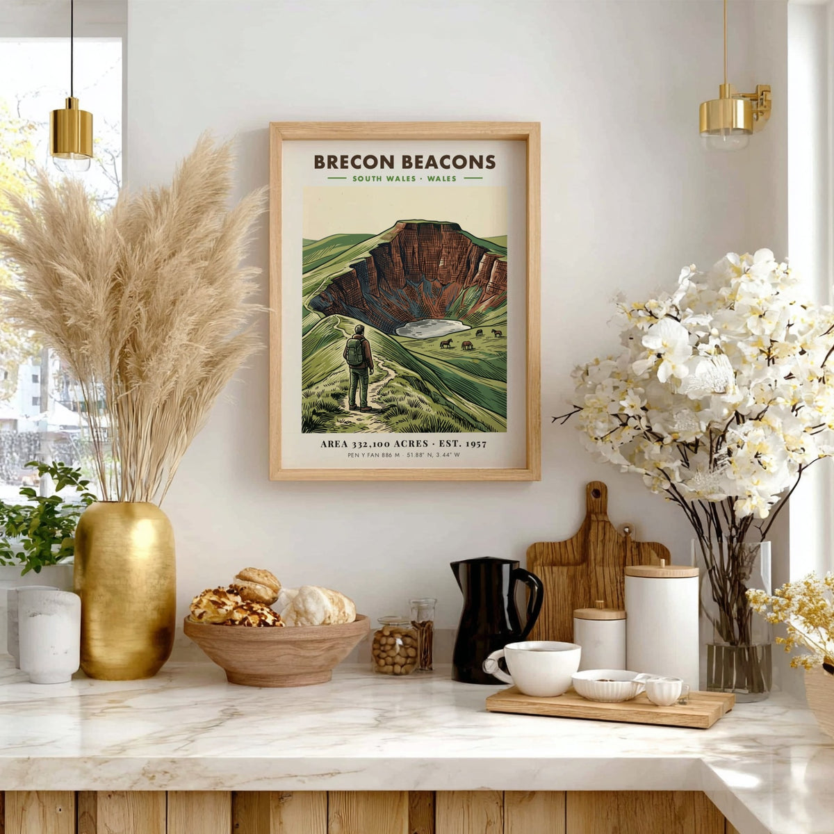 Poster of Brecon Beacons in Wales showing a hiker and ponies near mountains