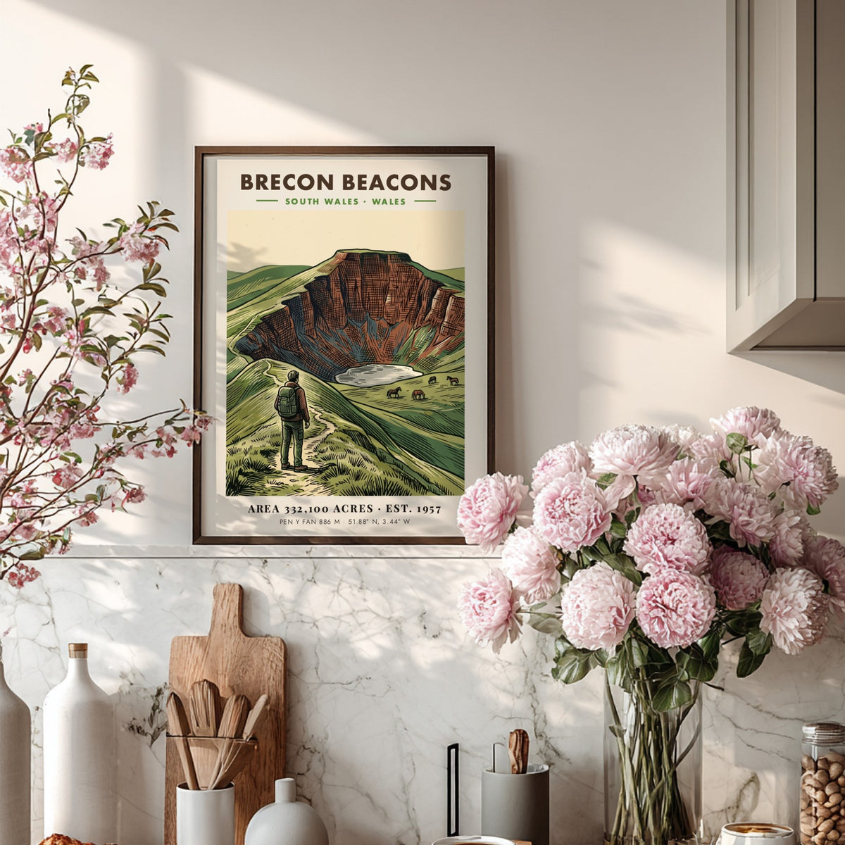 Poster of Brecon Beacons in Wales showing a hiker and ponies near mountains