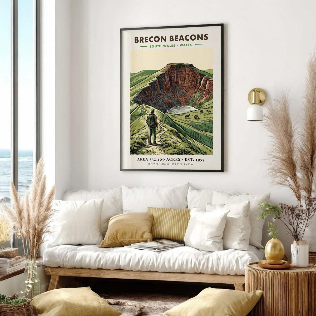 Poster of Brecon Beacons in Wales showing a hiker and ponies near mountains