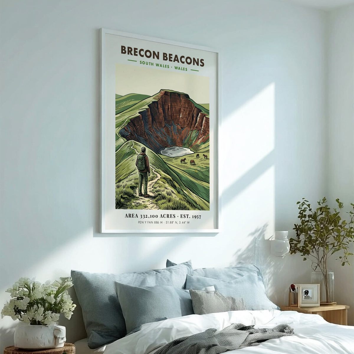 Poster of Brecon Beacons in Wales showing a hiker and ponies near mountains