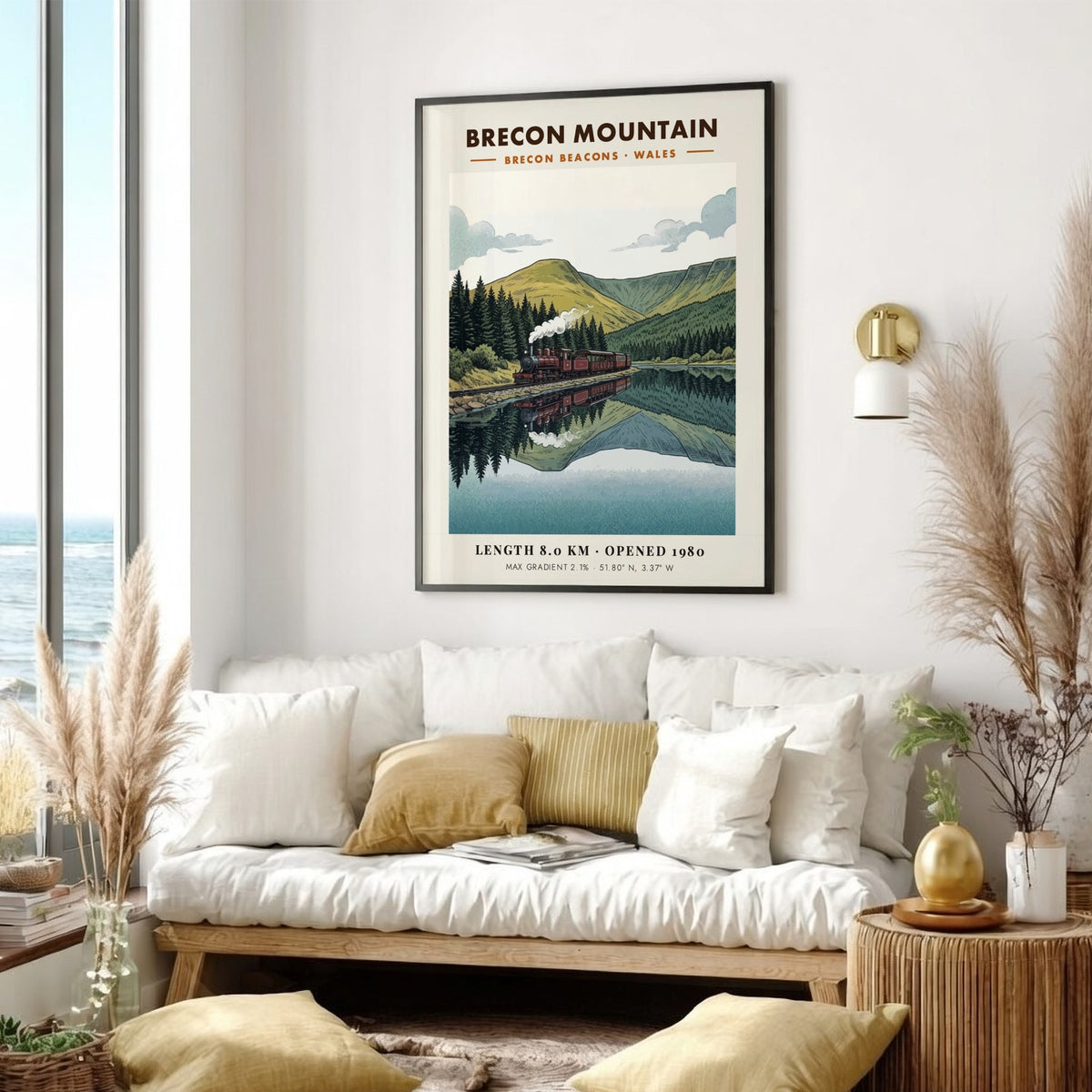 Poster featuring a steam train in the Brecon Beacons with a mountain reflection.