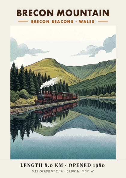 Poster featuring a steam train in the Brecon Beacons with a mountain reflection.
