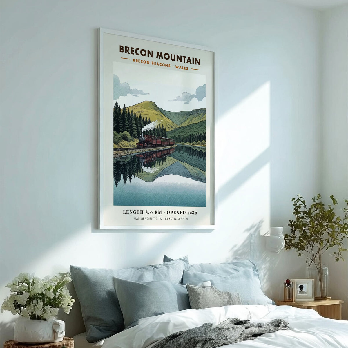 Poster featuring a steam train in the Brecon Beacons with a mountain reflection.