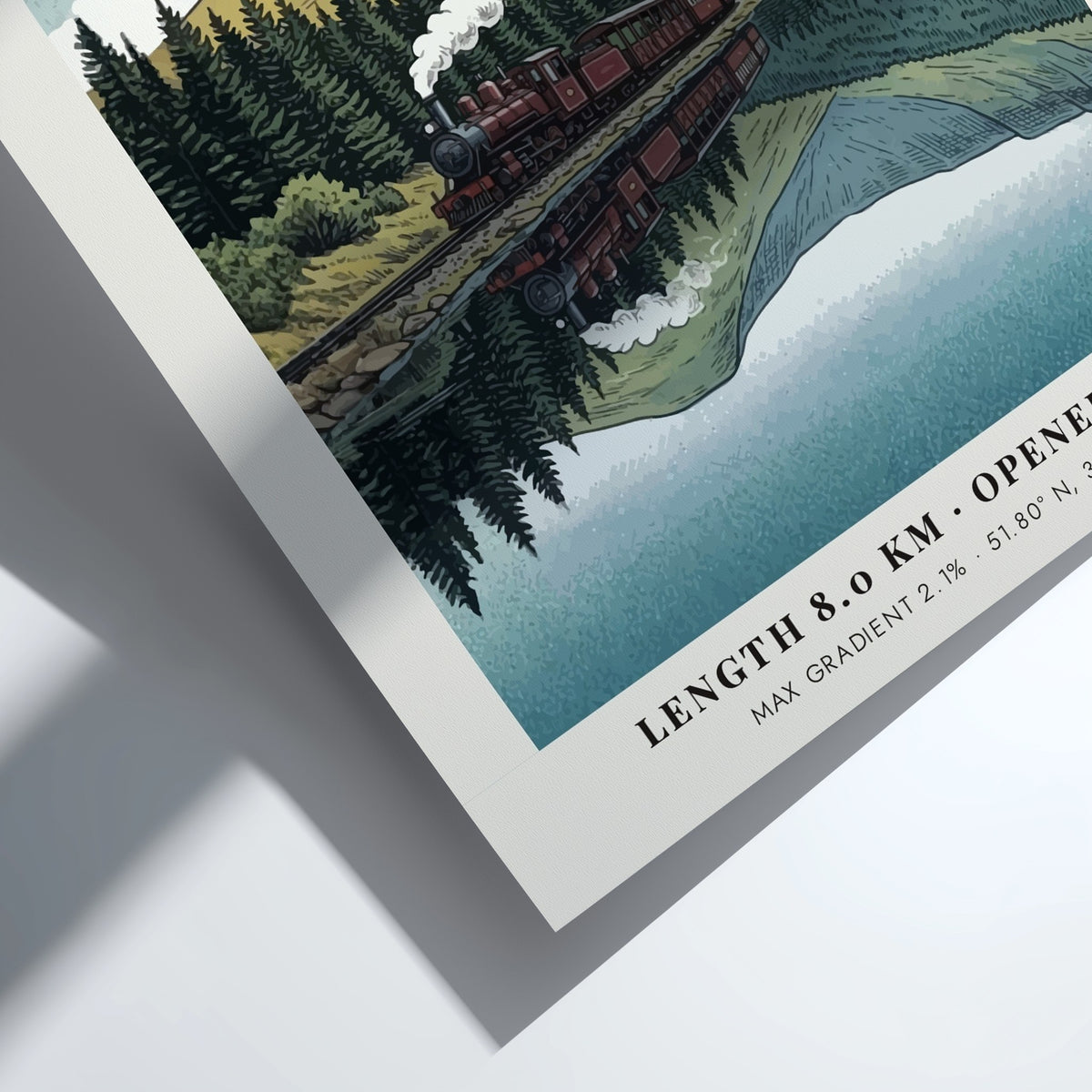 Poster featuring a steam train in the Brecon Beacons with a mountain reflection.