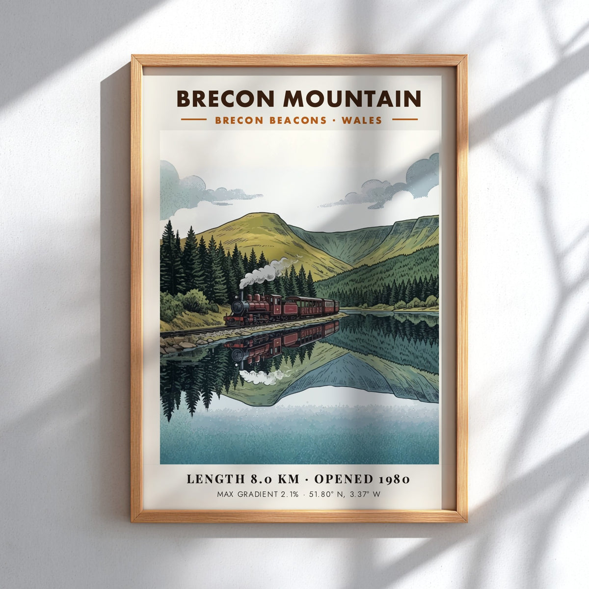 Poster featuring a steam train in the Brecon Beacons with a mountain reflection.