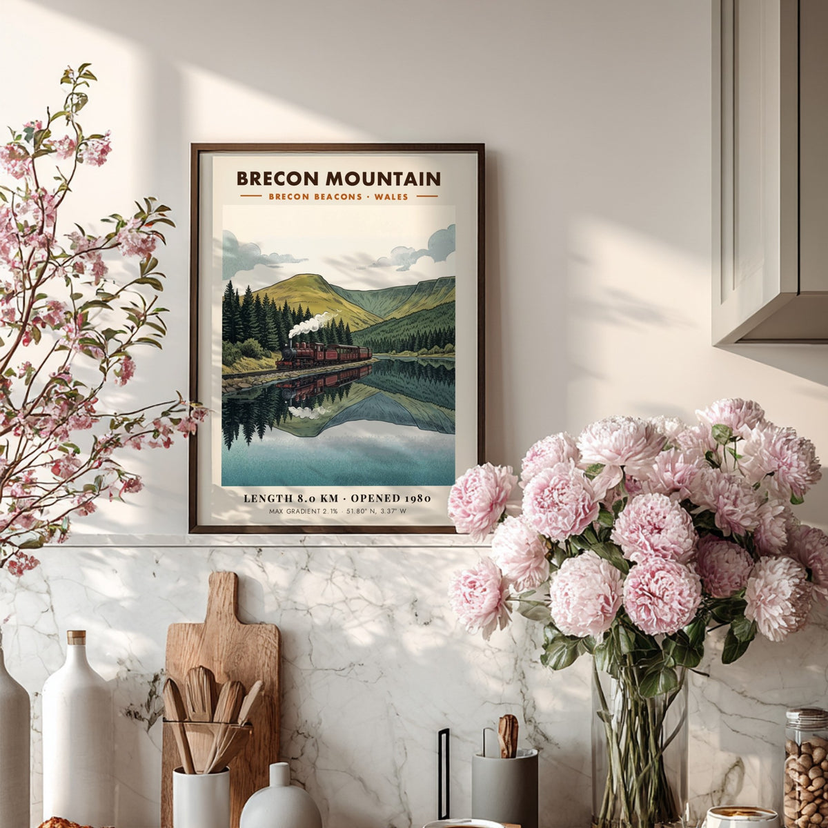 Poster featuring a steam train in the Brecon Beacons with a mountain reflection.